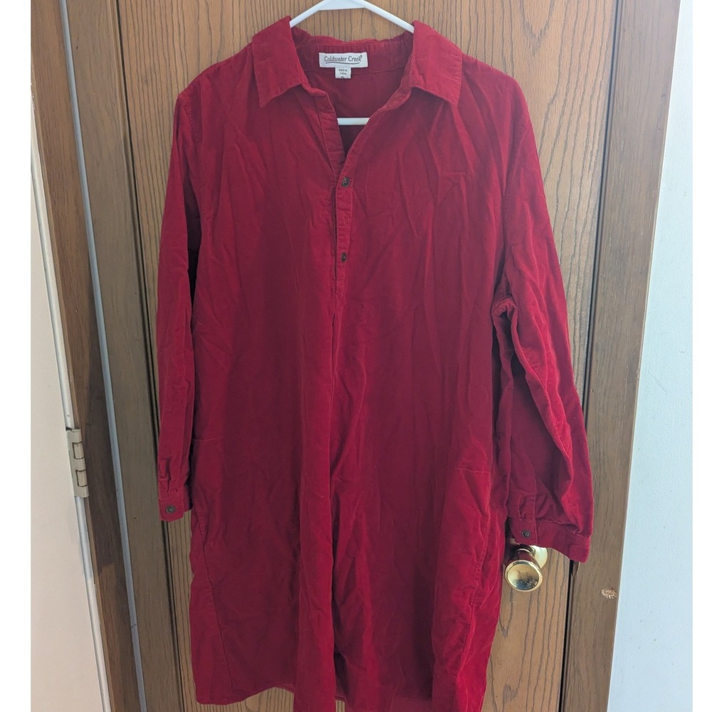 Coldwater Creek Red Corduroy Long Sleeve Shirt Dress Textured Petite Large PL